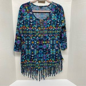 Hannah Womens Top Multicolored Geometric Print Fringe Size L 3/4 Sleeve Boho